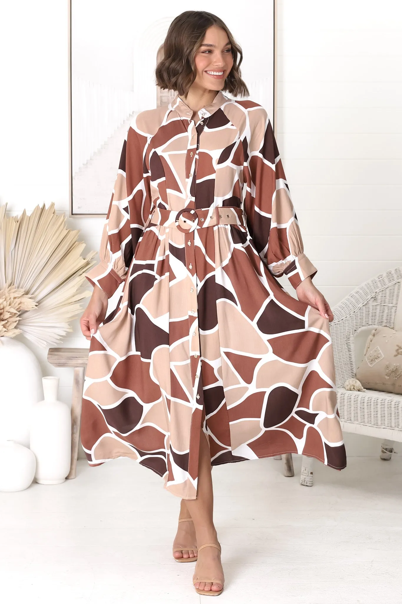 Baden Midi Dress - Mandarin Collar Button Down Dress in Abstract Chocco Print sold by Salty Crush product image thumbnail 5