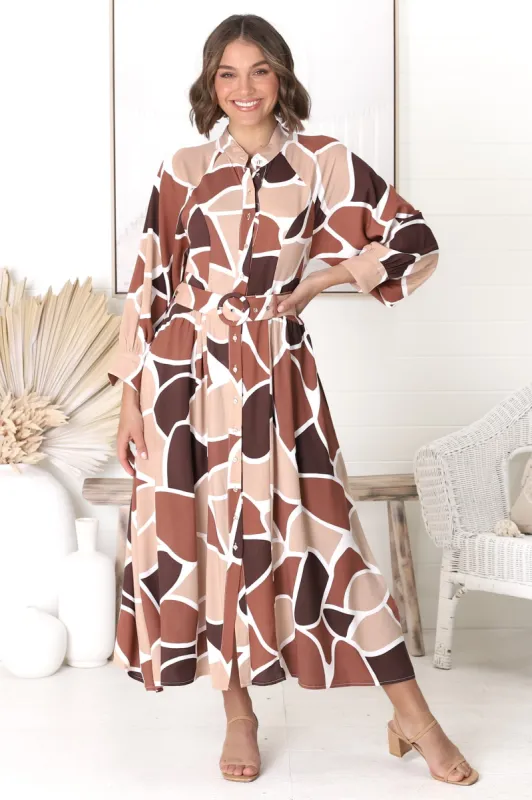 Baden Midi Dress - Mandarin Collar Button Down Dress in Abstract Chocco Print sold by Salty Crush