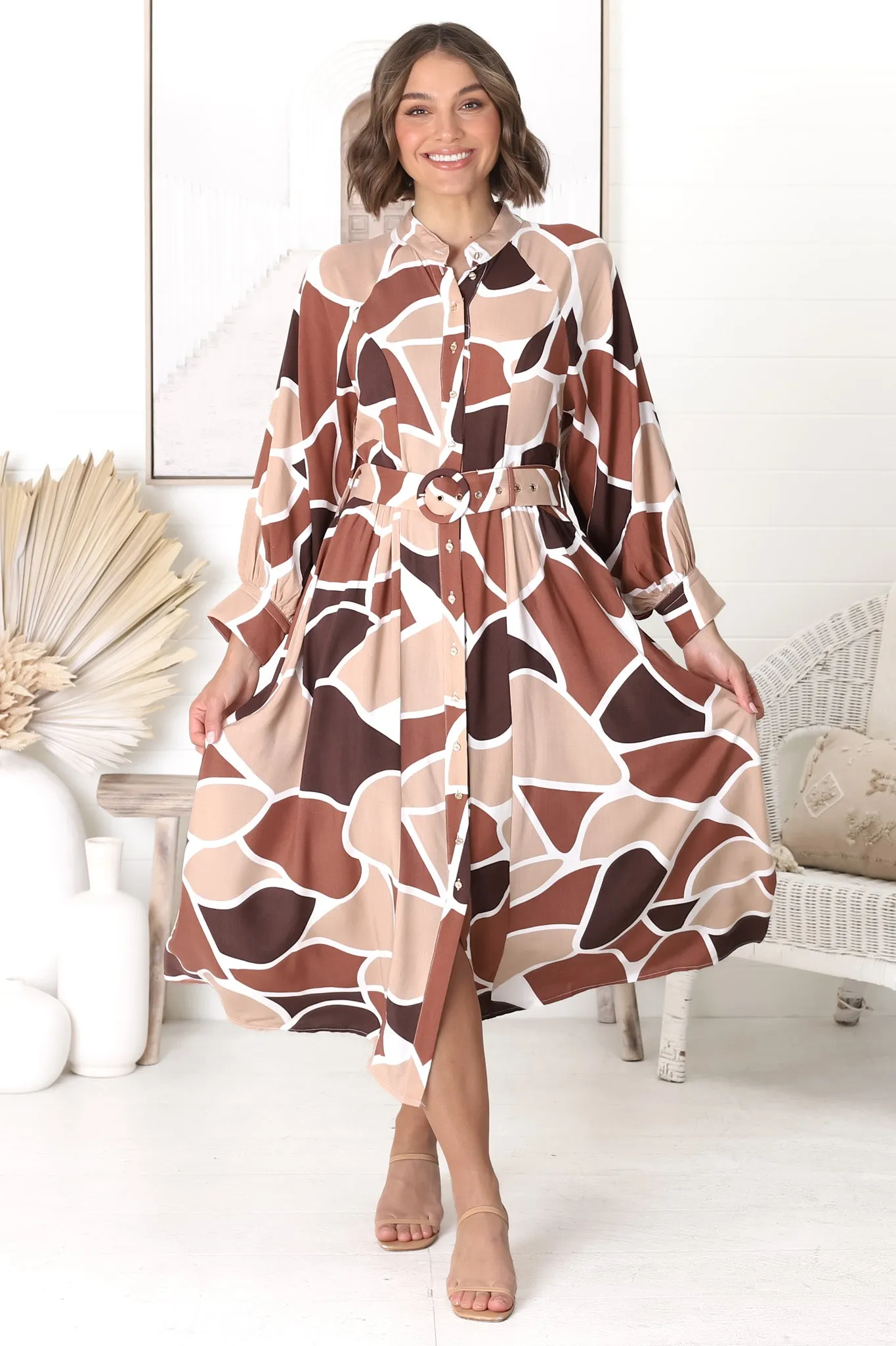 Baden Midi Dress - Mandarin Collar Button Down Dress in Abstract Chocco Print sold by Salty Crush product image thumbnail 4