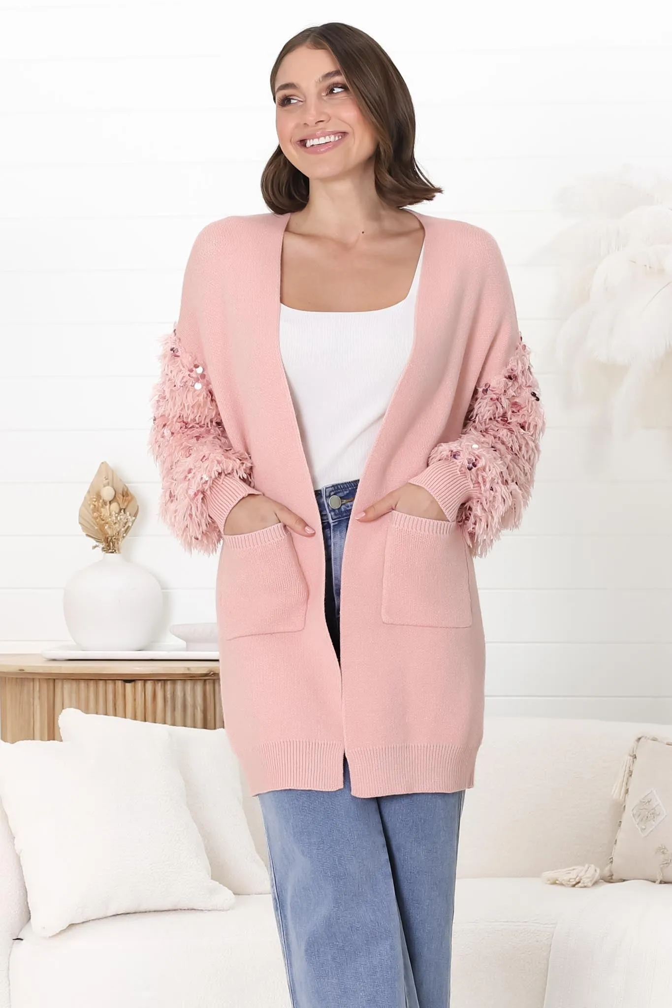 Talita Cardigan with Statement Fluffy Sequined Sleeves in Pink sold by Salty Crush product image thumbnail 5