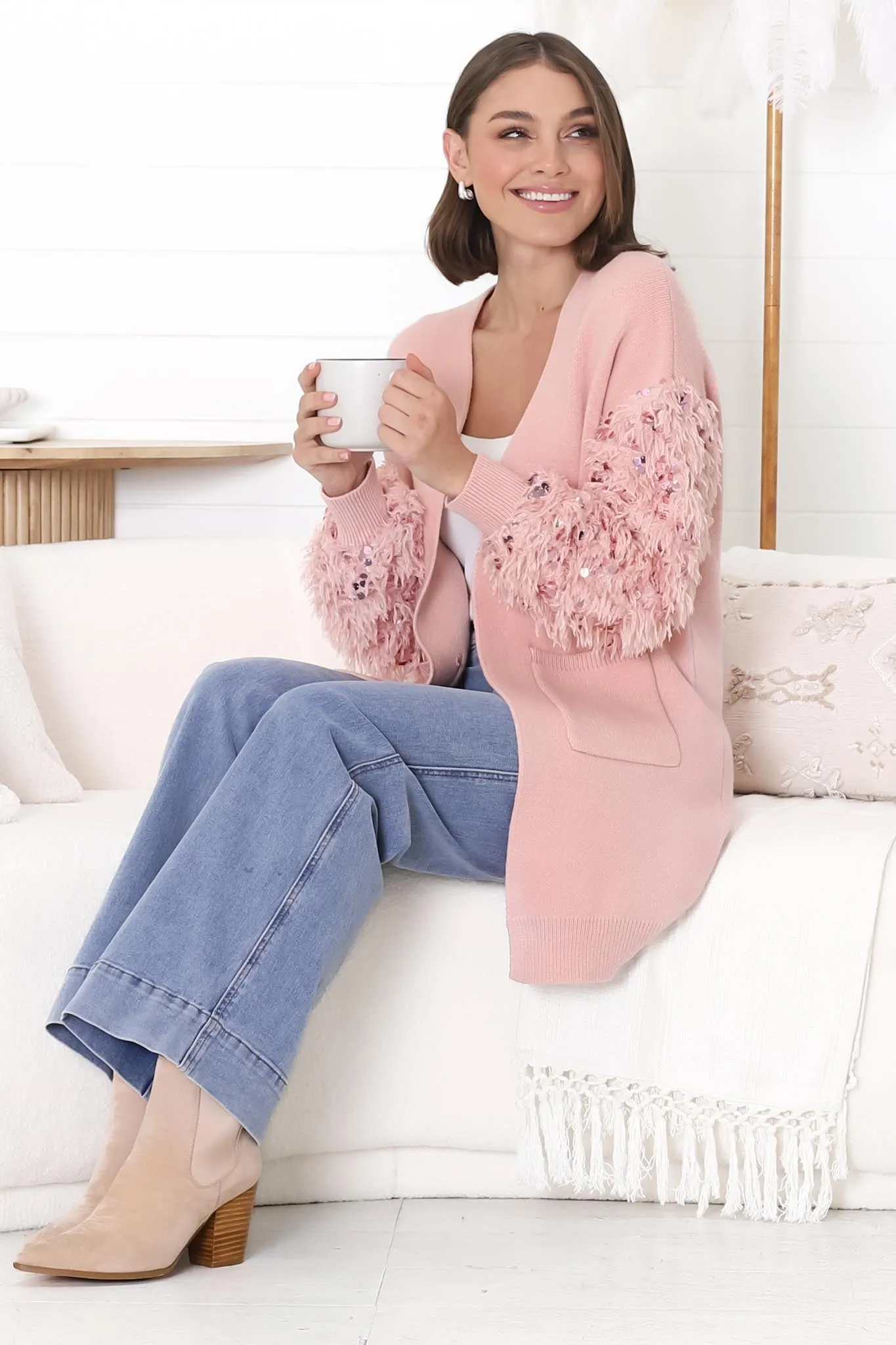 Talita Cardigan with Statement Fluffy Sequined Sleeves in Pink sold by Salty Crush product image thumbnail 2