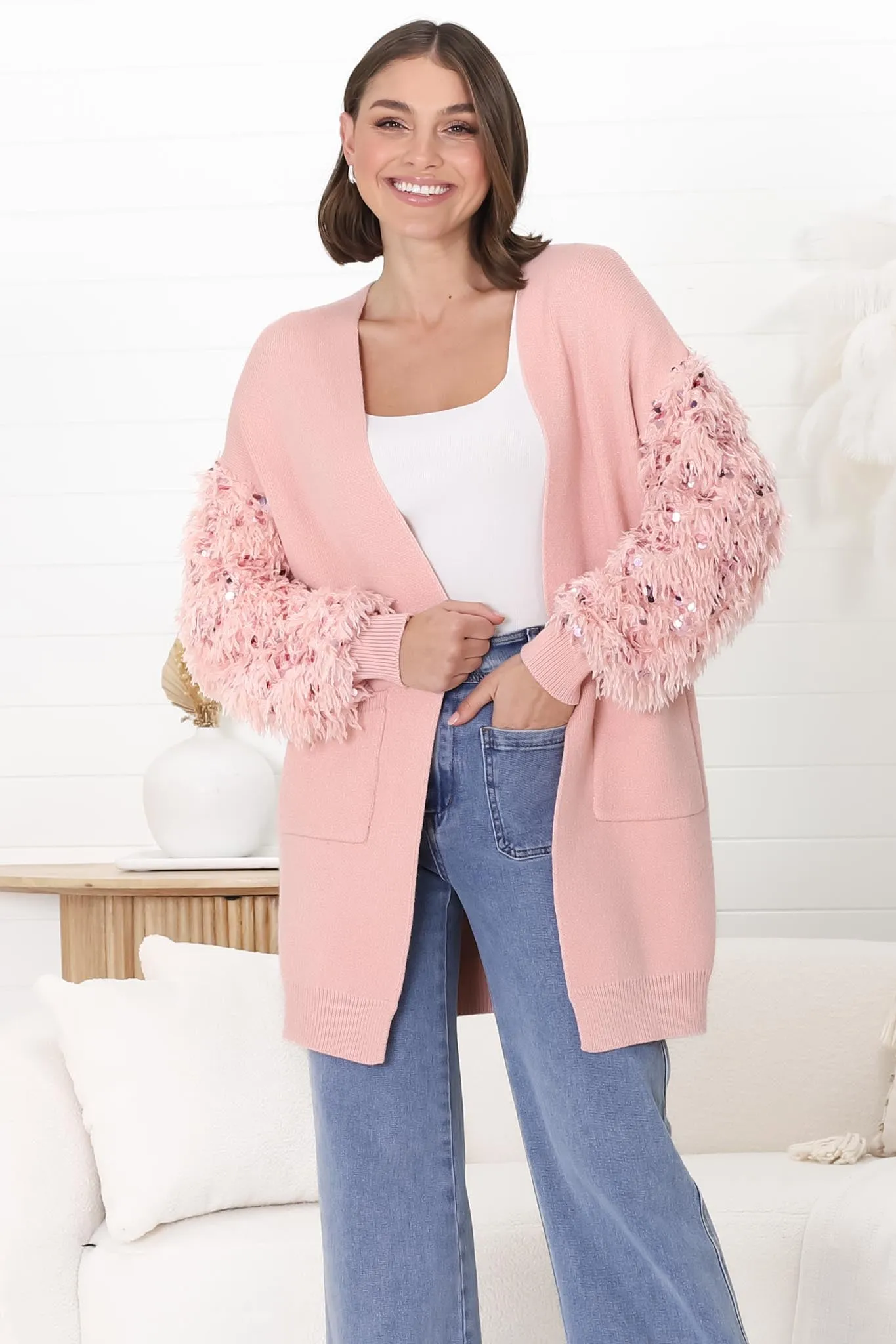 Talita Cardigan with Statement Fluffy Sequined Sleeves in Pink sold by Salty Crush product image thumbnail 4