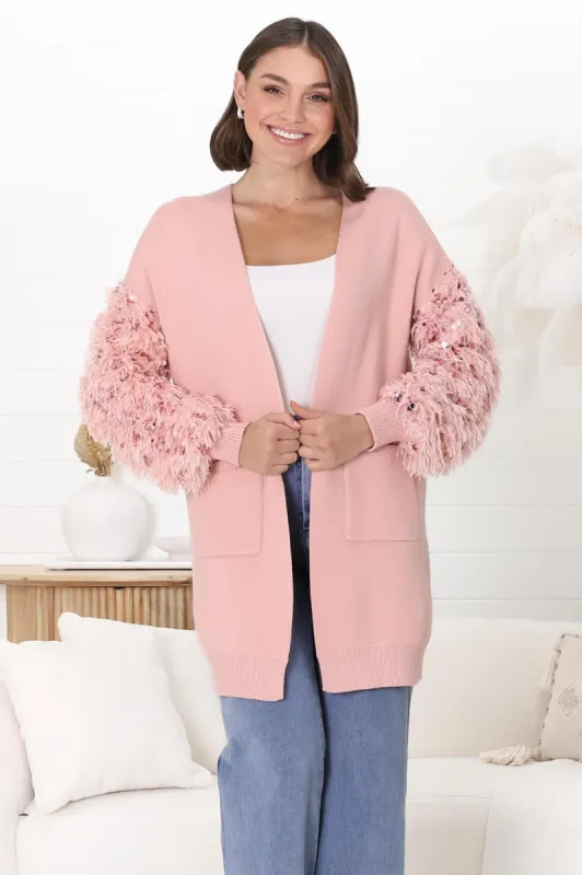 Talita Cardigan with Statement Fluffy Sequined Sleeves in Pink sold by Salty Crush