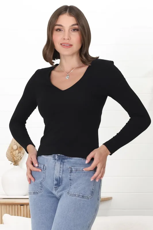 Martha Top - V Neck Basic Top with Long Sleeves in Black sold by Salty Crush