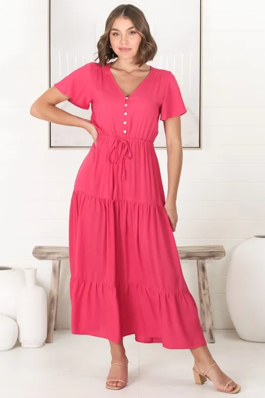 Hanna Maxi Dress - Cap Sleeve Tiered A Line Dress with Toggle Detailed Waist Tie in Hot Pink sold by Salty Crush
