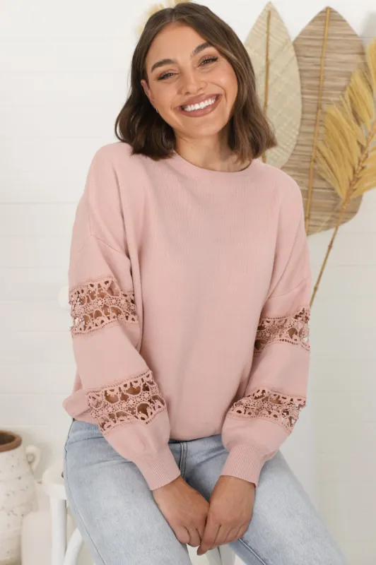 Zita Jumper - Crew Neck Lace Insert Sleeve Jumper in Pink sold by Salty Crush