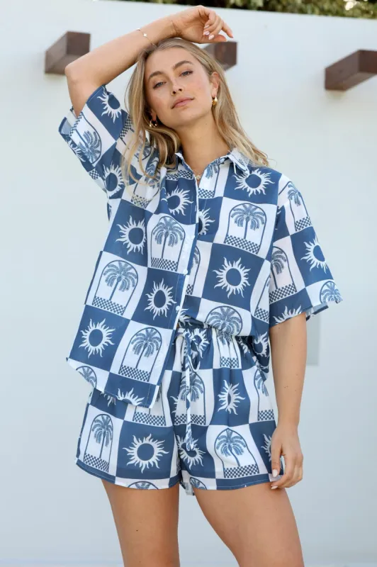 Mirian Button Up Shirt And Shorts Set - Layah Print in Blue sold by Salty Crush