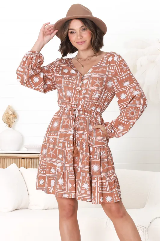 Alicia Mini Dress - A Line Tiered Dress with Pull Tie Waist in Cailan Print sold by Salty Crush