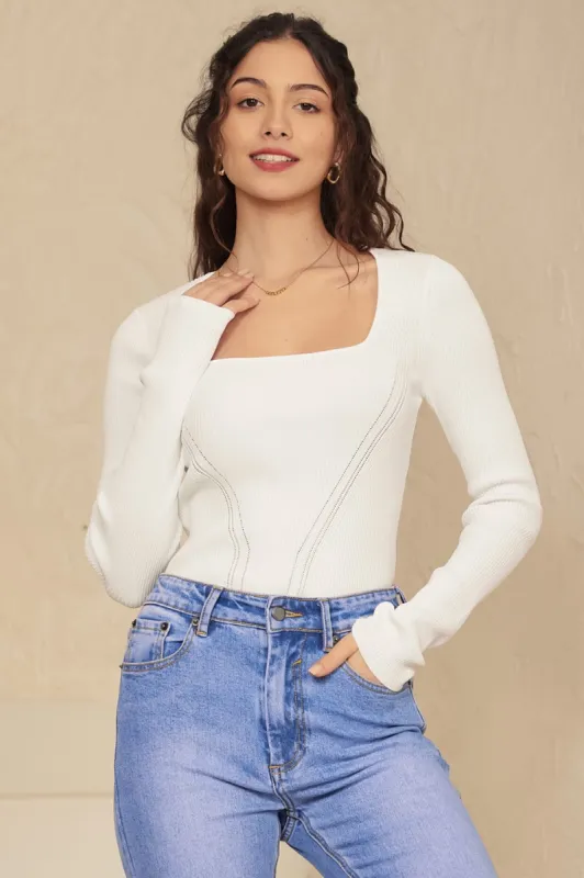 Jane Jumper - Sqaure Neckline Ribbed Knit in White sold by Salty Crush