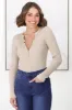 Emilia Knit Top - Gold Button Neckline Ribbed Top in Beige sold by Salty Crush
