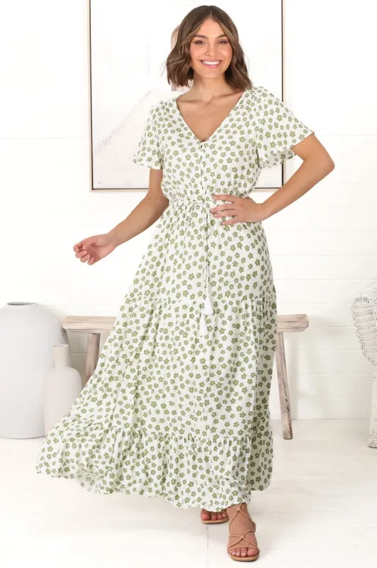 Derla Maxi Dress - V Neck A Line Dress with Tassel Pull Tie Wasit in Gellina Print Kiwi sold by Salty Crush