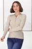Emilia Knit Top - Gold Button Neckline Ribbed Top in Beige sold by Salty Crush