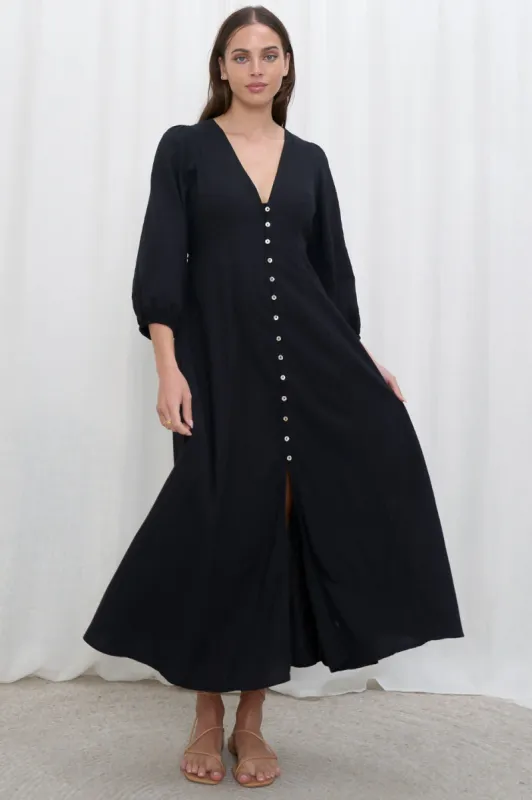 Monette Maxi Dress - Deep V Neck Button Down Dress with Balloon Sleeves in Black sold by Salty Crush