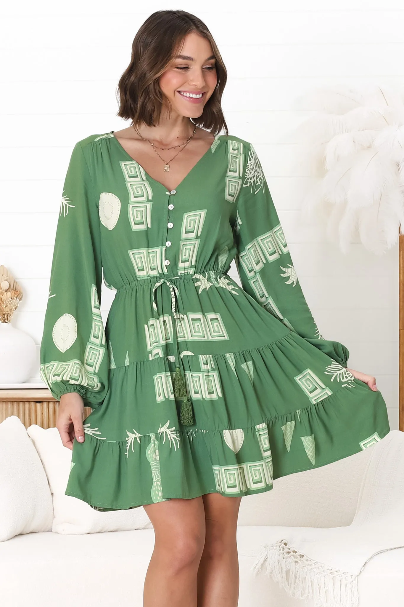 Alicia Mini Dress - A Line Tiered Dress with Pull Tie Waist in Maree Print Green sold by Salty Crush