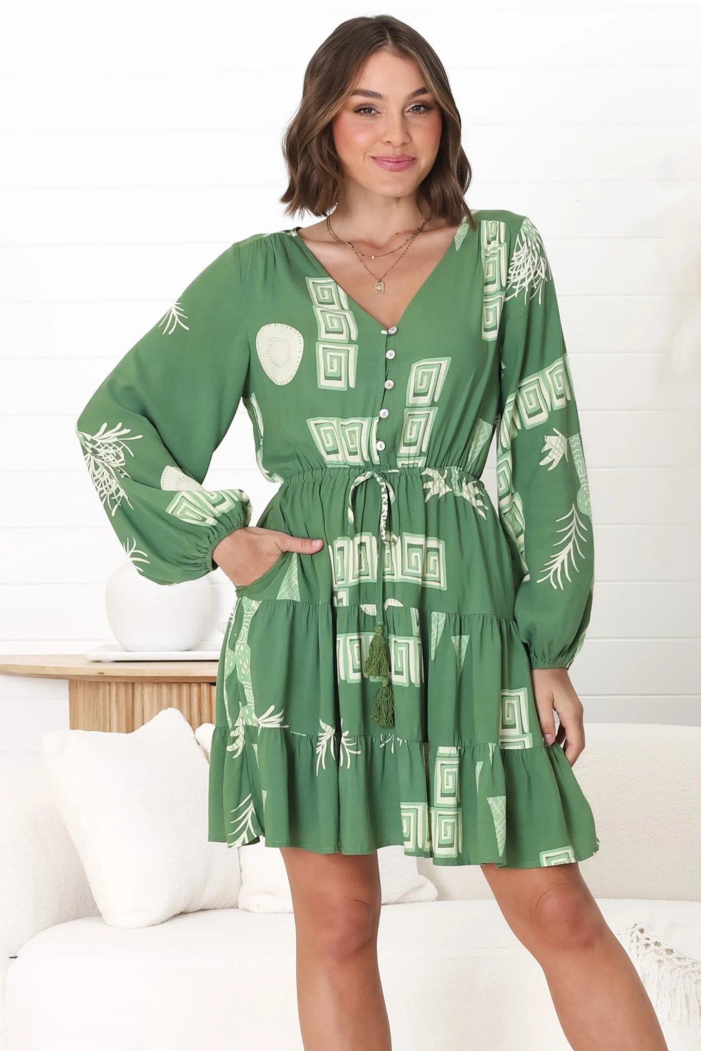 Alicia Mini Dress - A Line Tiered Dress with Pull Tie Waist in Maree Print Green sold by Salty Crush product image thumbnail 4