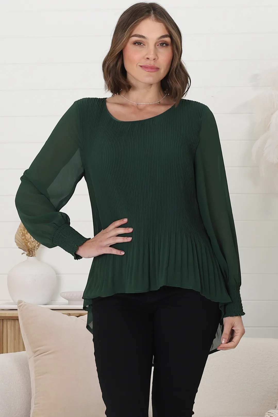 Kayt Blouse - Plisse Long Sleeve Top with High-Low Hemline in Green sold by Salty Crush product image thumbnail 5