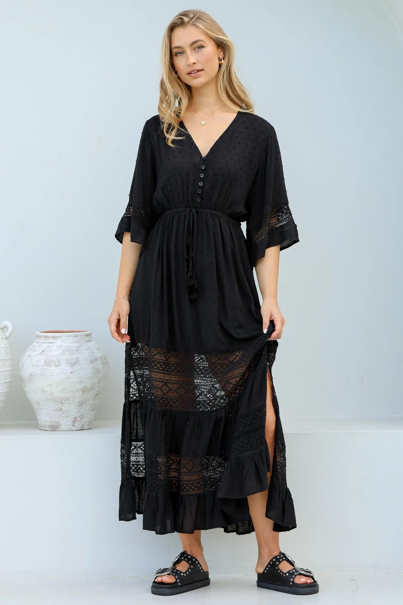 Kaely Maxi Dress - Delicate Lace Panel Detailed A Line Dress in Black sold by Salty Crush