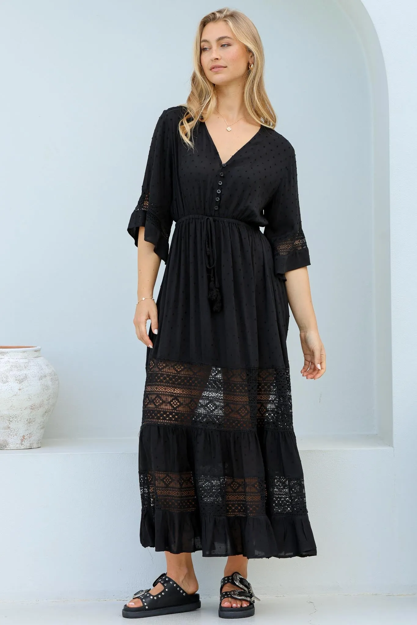 Kaely Maxi Dress - Delicate Lace Panel Detailed A Line Dress in Black sold by Salty Crush product image thumbnail 4