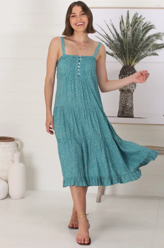 Ayala Midi Dress - Square Neckline Tiered Sun Dress in Polka Print Blue sold by Salty Crush