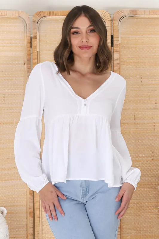 Grace Top - V-Neck Button Decal Long Sleeve Smock Top in White sold by Salty Crush