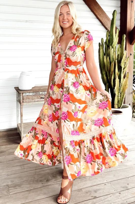 JAASE - Carmen Maxi Dress: Butterfly Cap Sleeve Button Down A Line Dress with Lace Trim in Agave Print sold by Salty Crush