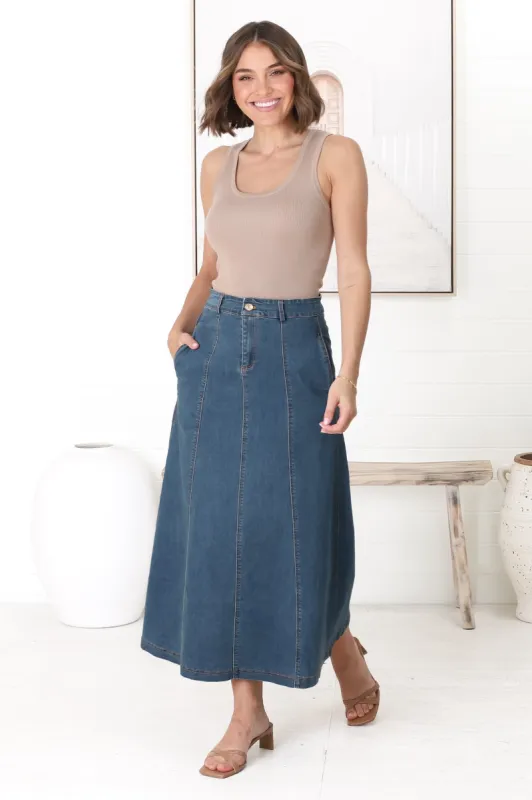 Delta Denim Midi Skirt - A Line Skirt with Contrast Stitching in Dark Denim sold by Salty Crush