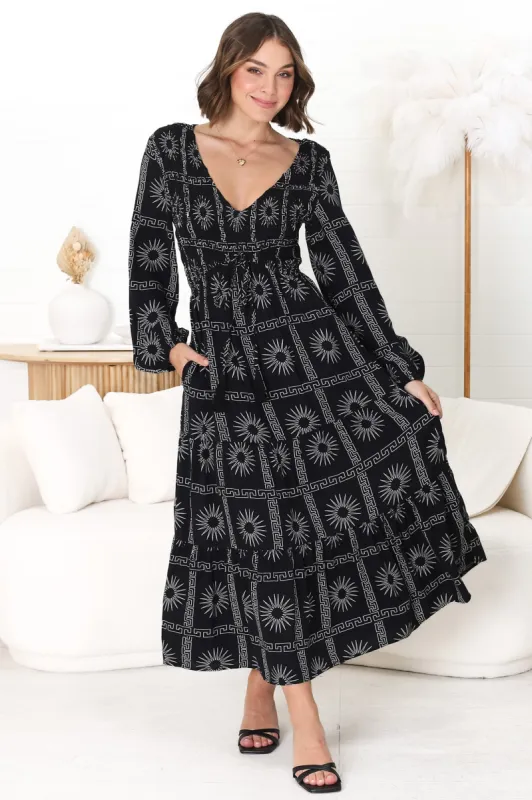 Elias Midi Dress - Shirred Elasticated Bodice A Line Dress with Long Sleeves in Astra Black sold by Salty Crush