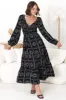 Elias Midi Dress - Shirred Elasticated Bodice A Line Dress with Long Sleeves in Astra Black sold by Salty Crush