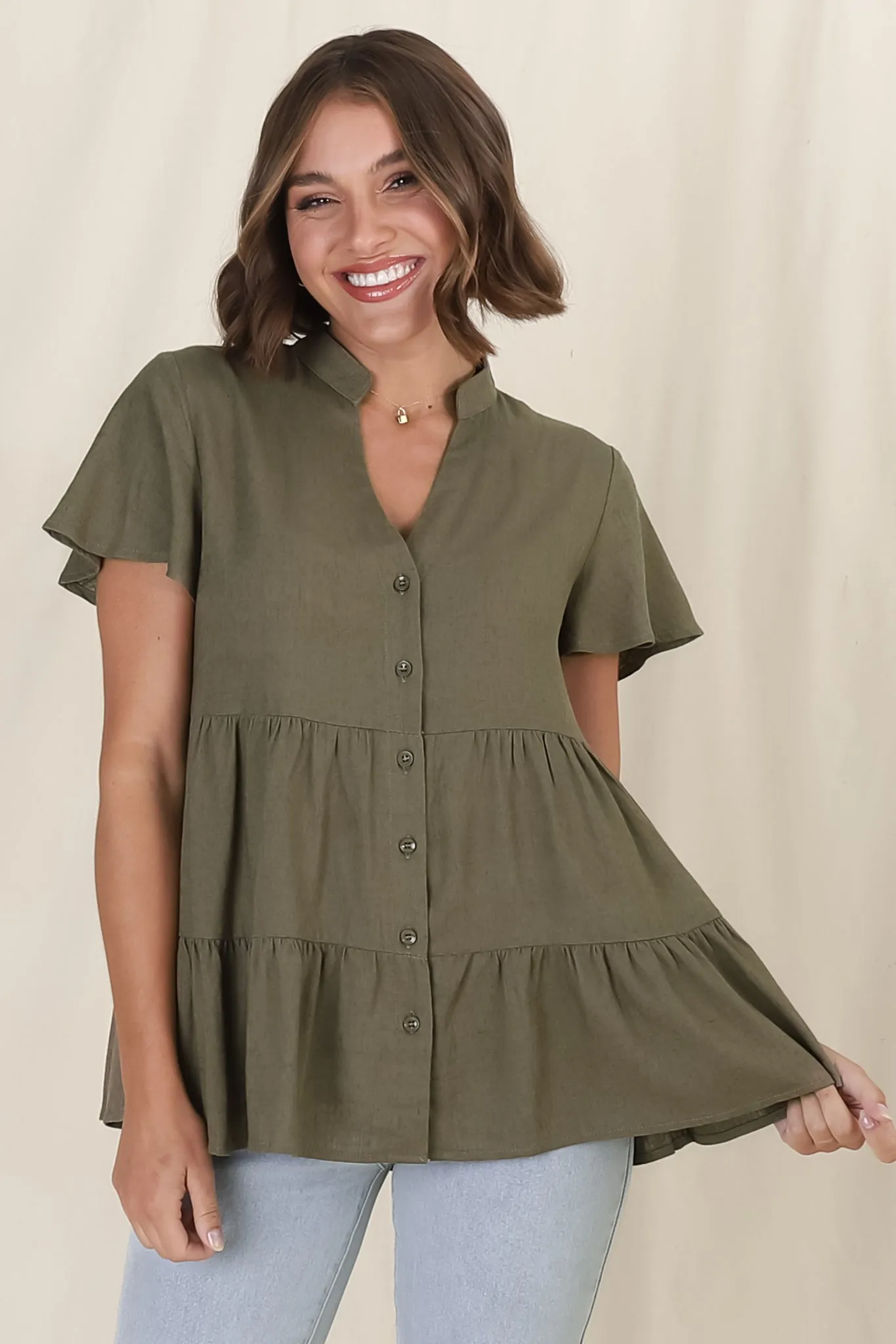Barila Top - Mandarin Collar Button Down Tiered Top in Military Green sold by Salty Crush product image thumbnail 5