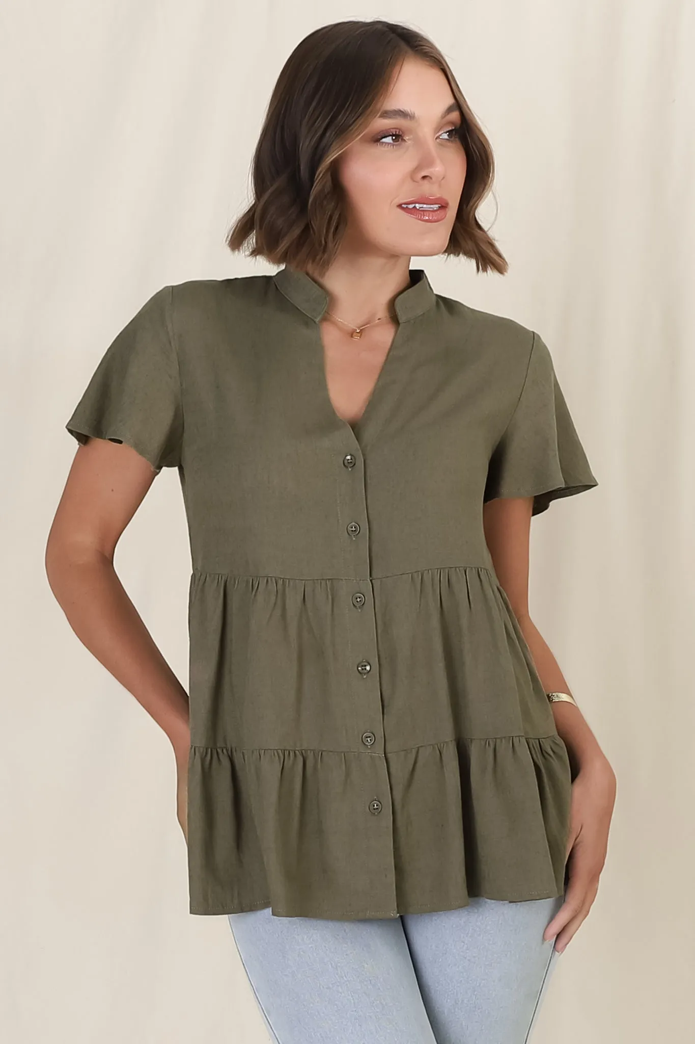 Barila Top - Mandarin Collar Button Down Tiered Top in Military Green sold by Salty Crush product image thumbnail 2