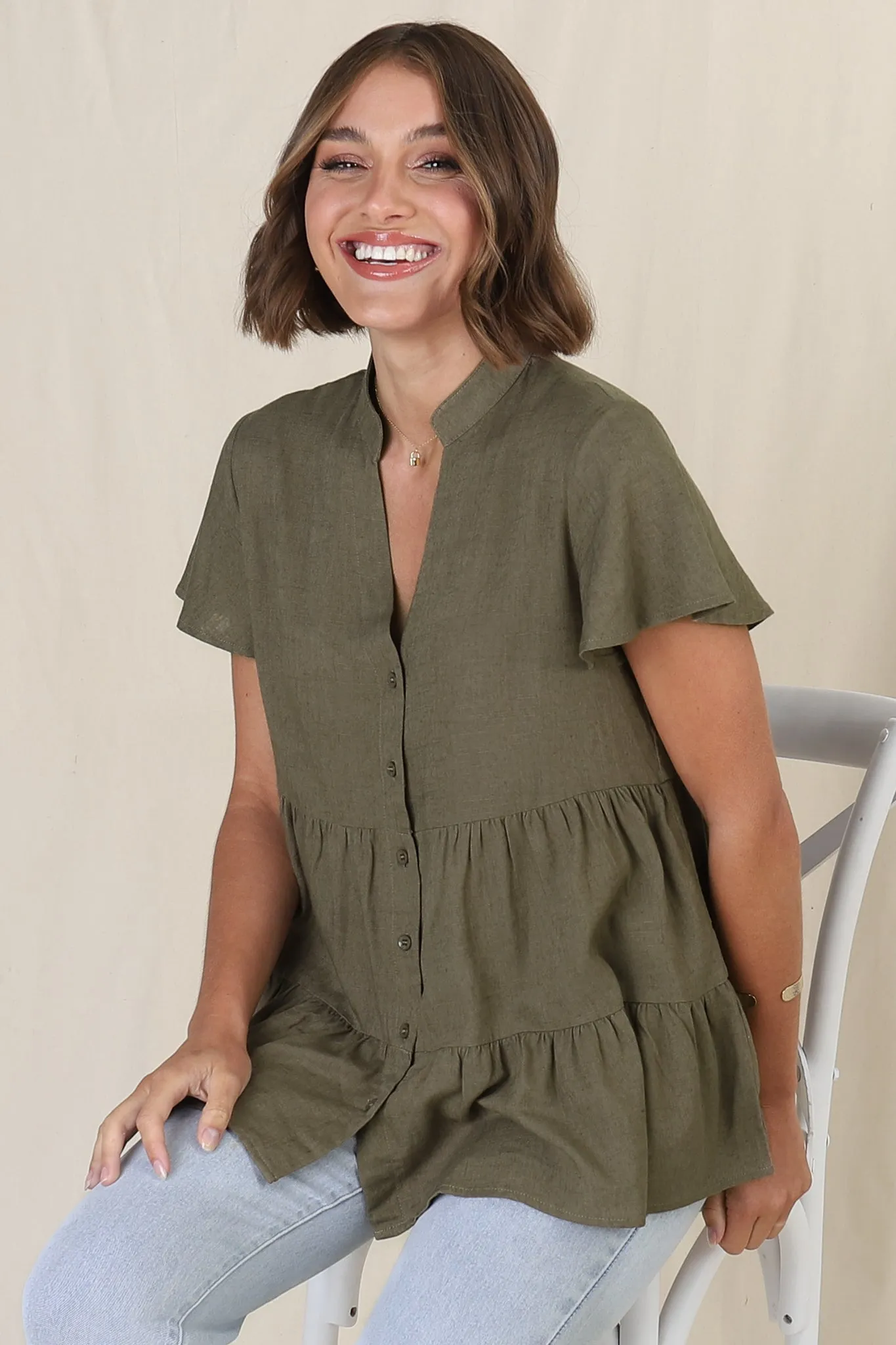 Barila Top - Mandarin Collar Button Down Tiered Top in Military Green sold by Salty Crush product image thumbnail 4