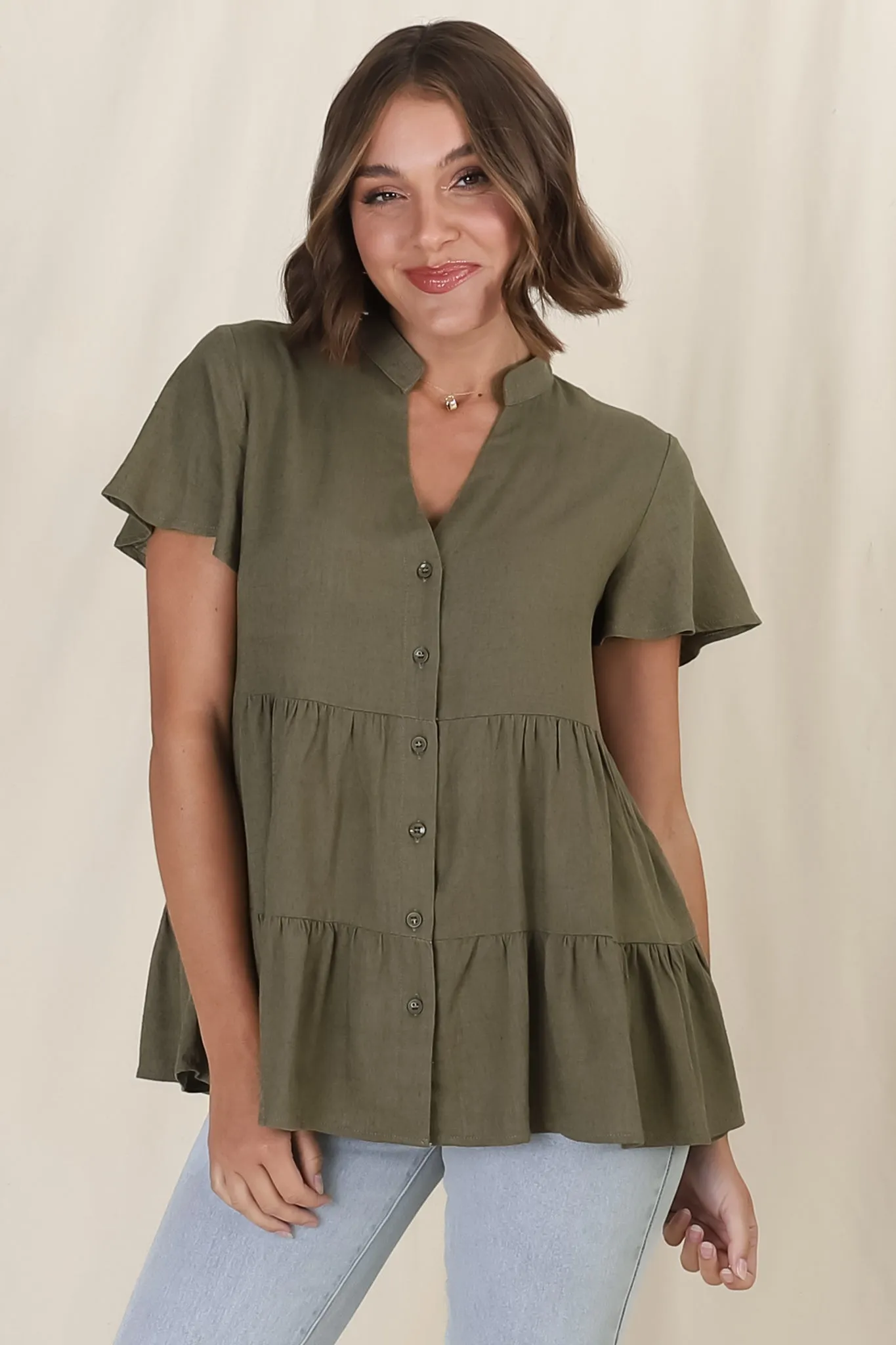 Barila Top - Mandarin Collar Button Down Tiered Top in Military Green sold by Salty Crush