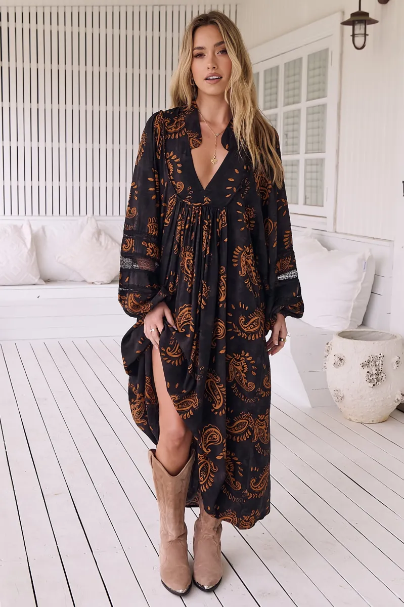 Boheme Long Sleeve Midi Dress - Slimline Smock Dress in
