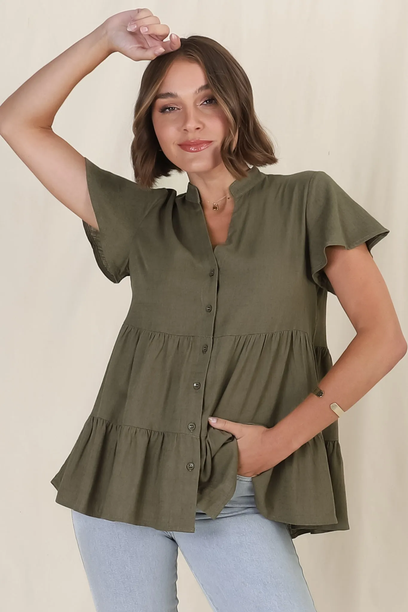 Barila Top - Mandarin Collar Button Down Tiered Top in Military Green sold by Salty Crush product image thumbnail 3