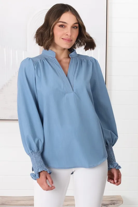 Suri Top - Denim Look Pull Over Top in Light Denim sold by Salty Crush