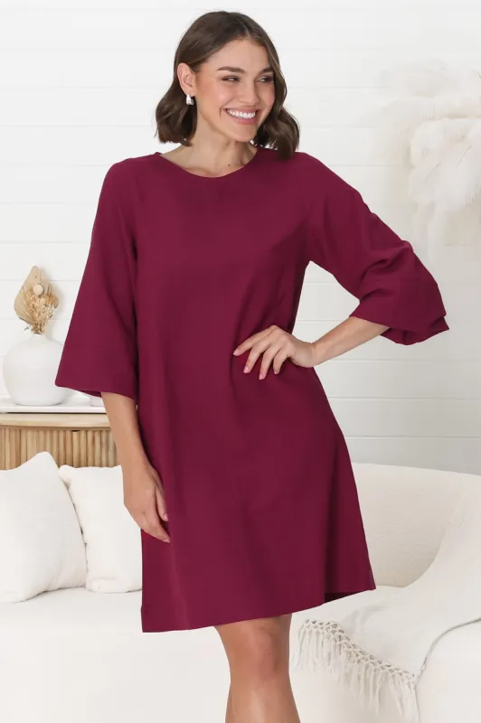 Ivanna Mini Dress - Crew Neck Shift Dress with Balloon Sleeves in Burgundy made by Salty Crush