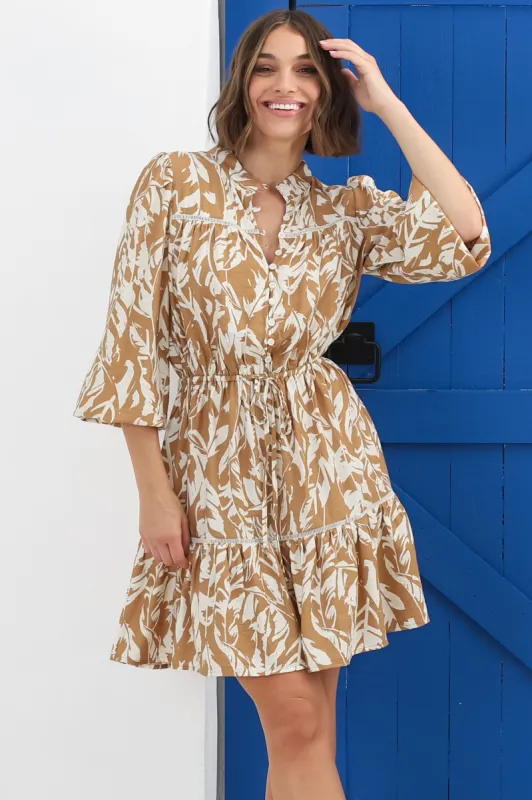 Lola Mini Dress - High Collar Lace Detailing Dress in Siani Beige Print sold by Salty Crush