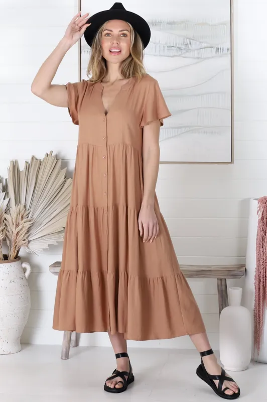 Milla Midi Dress - Tiered Cap Sleeve Button Down Linen Dress in Tan sold by Salty Crush