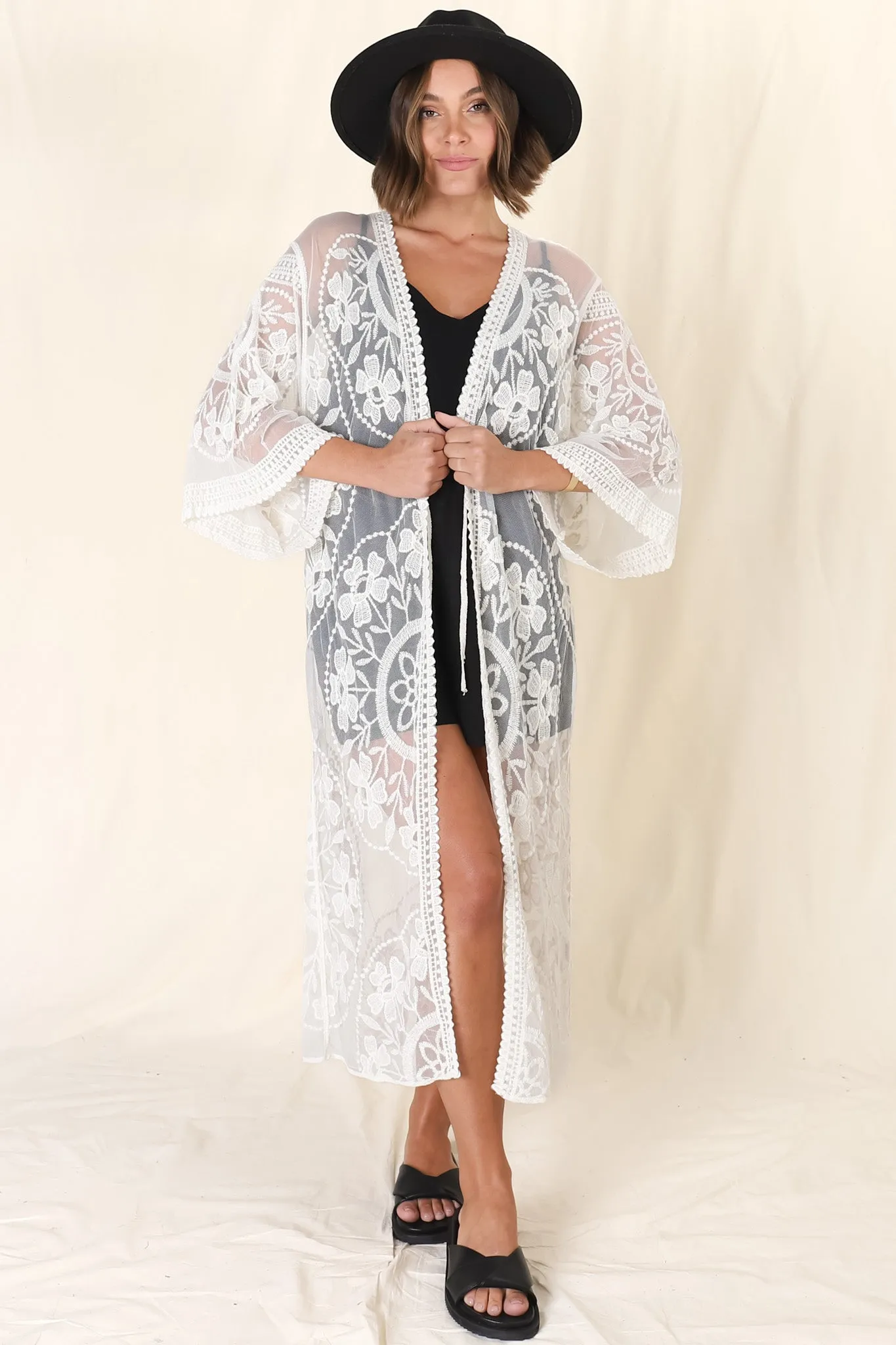 Fable Kimono - Long Floral Lace Batwing Kimono in Cream sold by Salty Crush