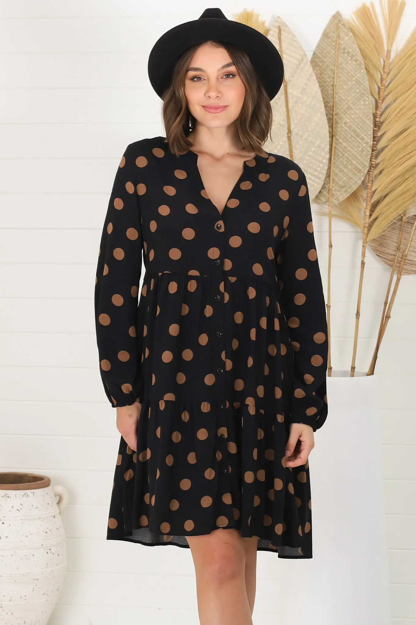 Sarah Mini Dress - Bermuda Collar Tiered Button Down Dress in Mahony Print  | Parallel