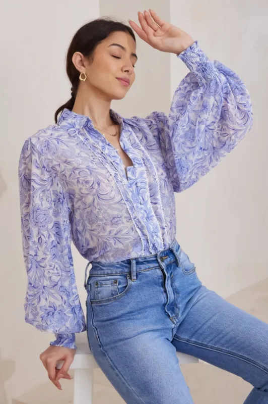 Aralyn Blouse - Balloon Sleeve Button Down Shirt in Camie Print Blue sold by Salty Crush