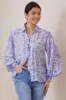Aralyn Blouse - Balloon Sleeve Button Down Shirt in Camie Print Blue sold by Salty Crush