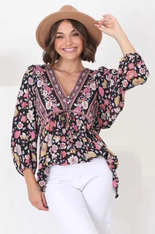 Joelle Top - V Neck High-Low Top in Anissa Print Black sold by Salty Crush