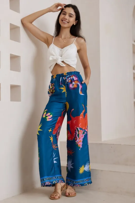Giani Pants - Highwaisted Silk Look Straight Leg Pants in Leanne Print Blue sold by Salty Crush