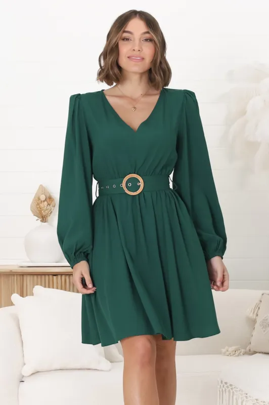 Lyna Mini Dress - A-Line Dress with Statement Rattan Buckle Belt in Emerald sold by Salty Crush