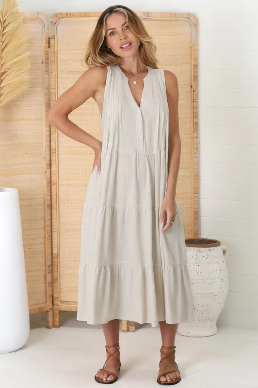 Aurora Midi Dress - Sleeveless Tiered Linen Dress with Pleated Bust in Oat sold by Salty Crush