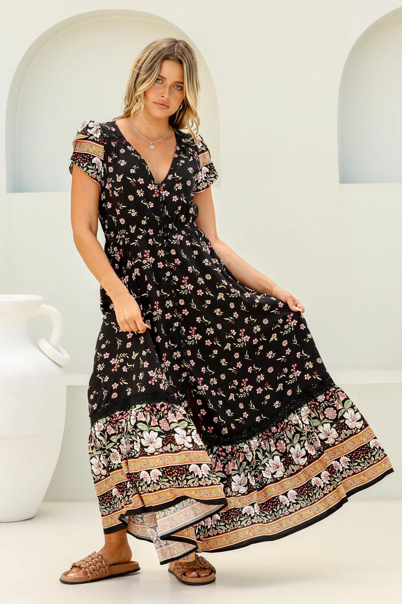 Carmen Maxi Dress - Butterfly Cap Sleeve Button Down A Line Dress with Lace Trim in Eternity Print sold by Salty Crush