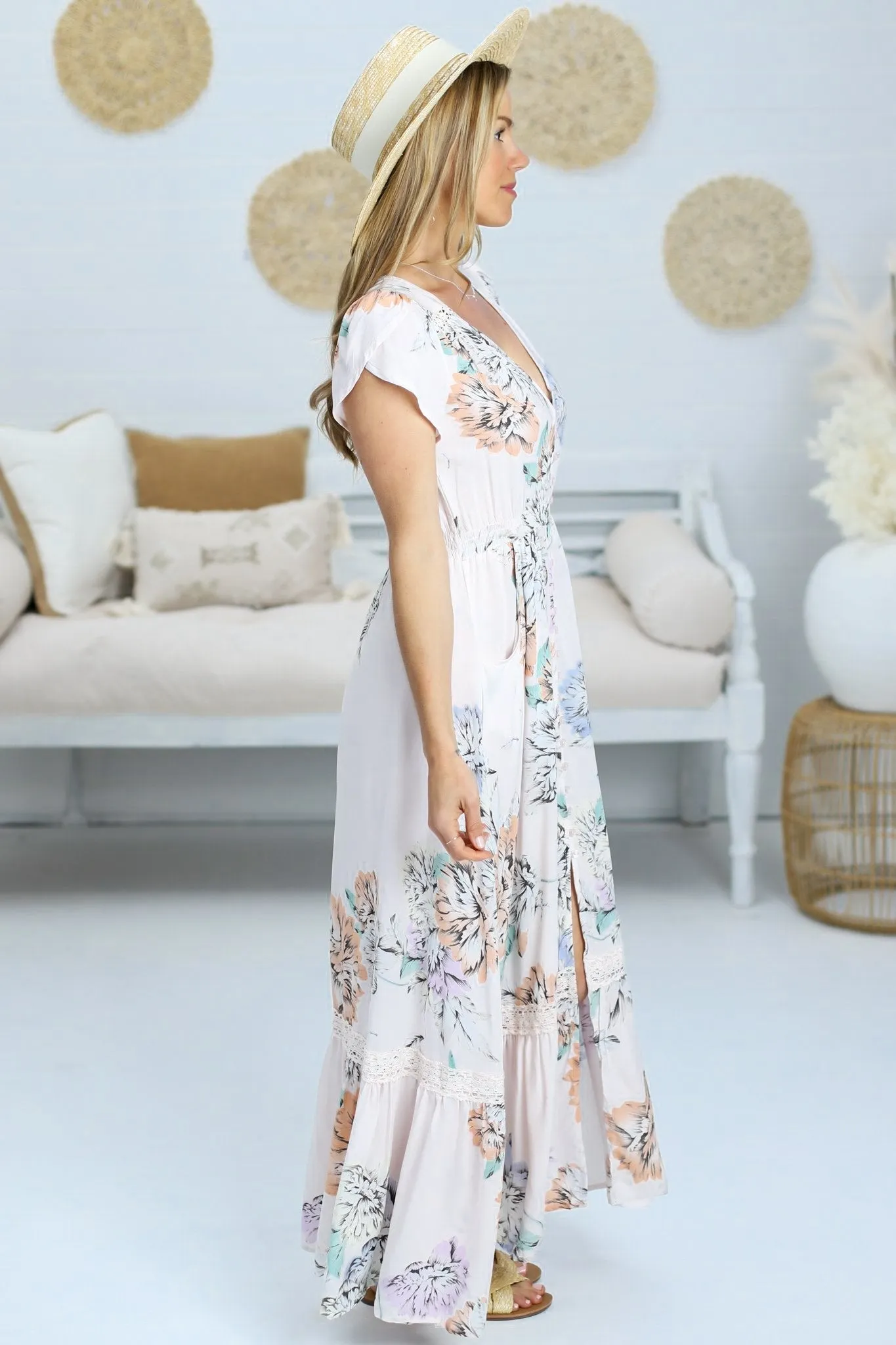 JAASE - Carmen Maxi Dress: Butterfly Cap Sleeve Button Down A Line Dress with Lace Trim in Blooming Bouquet Print sold by Salty Crush product image thumbnail 5