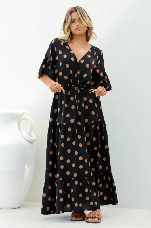 Rae Maxi Dress - Buttoned Bodice Pull Waist A Line Dress in Mahony Print sold by Salty Crush