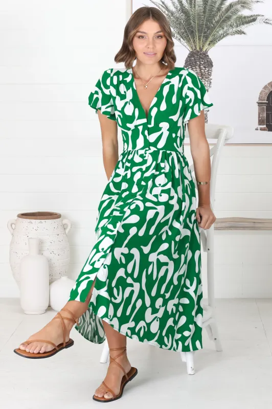 Loya Midi Dress - A Line Cap Sleeve Button Down Dress in Jaxie Print Green sold by Salty Crush